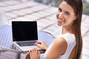 Image showing Business woman, laptop and portrait for outdoor connection as financial consultant for online email, network or communication. Female person, face and client trust for budget, loan or investments