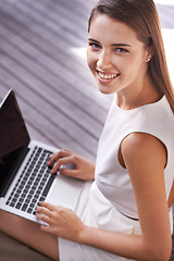 Image showing Smile, laptop and portrait of woman outdoor by pier working on creative project online with fresh air. Happy, technology and face of young female freelancer with computer for research on dock.