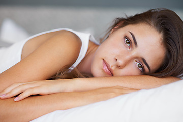Image showing Morning, calm and portrait of woman in bed with wellness, confidence and cozy in apartment. Face, home and girl in bedroom with peace, relax and wake up for healthy sleep, comfort and natural rest.