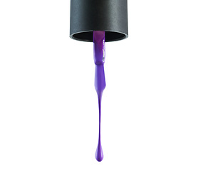 Image showing Nail polish, purple and drop drip in studio for manicure or pedicure, art or design and liquid application for beauty. Closeup, cosmetic product and brush for color or coating on white background.