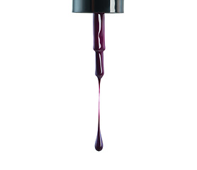 Image showing Nail polish, violet and drop drip in studio for manicure or pedicure, art or design and liquid application for beauty. Closeup, cosmetic product and brush for color or coating on white background.