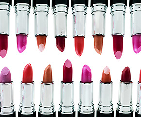 Image showing Lipstick, collection and product for makeup, beauty and cosmetics isolated on white background for creativity. Abstract, tools and set of rouge for art, color and gloss with various shades in studio