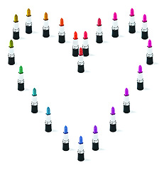 Image showing Makeup, studio and rainbow color for lipstick and heart shape display on white background for cosmetics. Choice, beauty product and advertising of trends collection and lip gloss for valentines day