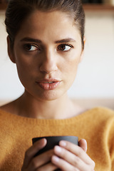 Image showing Woman, thinking and coffee in morning at home to start planning schedule for future holiday. Person, drink and relax on calm vacation with green tea and remember ideas for day in hotel or house