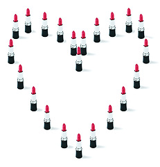Image showing Makeup, studio and red color lipstick in heart shape and love display on white background for cosmetics. Choice, beauty product and care symbol in trends collection and lip gloss for valentines day
