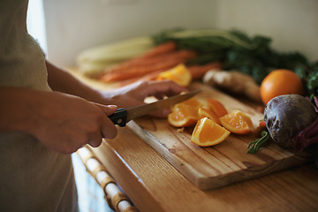 Image showing Closeup, kitchen and fruits with woman, vegetables and chopping board with knife and salad. Person, vegan and chef with utensils and ingredients for lunch and supper with healthy meal and diet plan