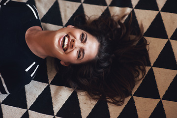 Image showing Woman, lying or laugh in beauty, fashion and designer style as monochrome, abstract or aesthetic. Smile, female person and glow as luxury, pattern or texture of fabric in retro, vintage or above