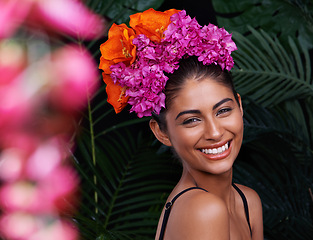 Image showing Portrait, smile and woman with flower crown for beauty, organic skincare and dermatology in tropical jungle. Exotic, nature and Spanish person with happiness for sustainable, cosmetics and wellness