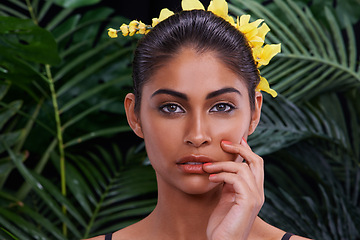 Image showing Crown, portrait or woman with flowers for beauty, makeup or wellness in nature, rainforest or jungle. Tropical, Indian person or face of model with eco friendly skincare, plants or spring floral art