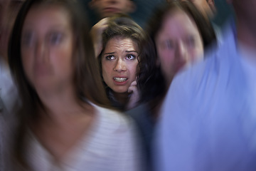 Image showing Woman, crowd and social anxiety in stress with fear, worried and panic with nervous, overthinking and phobia. Trapped, female person and scared as introvert in conference with people and insecure