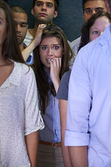 Image showing Woman, people and social anxiety in stress with fear, worried and panic with nervous, overthinking and phobia. Fear, female person and scared as introvert with frustration in crowd and insecure