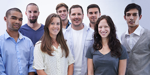Image showing Portrait, people and coworker at office with smile for teamwork and satisfied in startup company. Diverse group, colleagues and happy at work with business growth, development as collective.