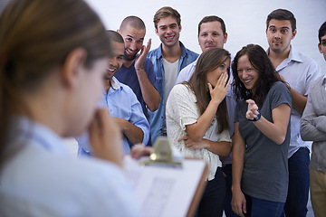 Image showing Business, bullying and people laughing at woman with clipboard for presentation, mistake or anxiety. Corporate, judgment and team mock female manager with documents for new job, speech or bad idea