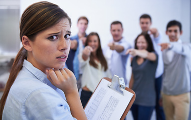 Image showing Woman, business and anxious in meeting, mental health and bully in office by staff and coworkers. Female person, anxiety and clipboard for embarrassment, career and toxic workplace and stress