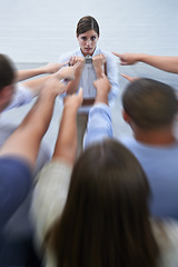 Image showing Woman, finger pointing and anxiety at work with coworker doubt in fear, scared and anxious. Female person, supervisor and worried with blame from colleague at office with stress for deadline.