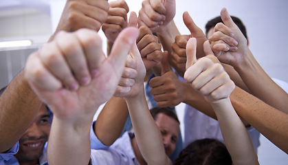 Image showing Success, closeup and business people with thumbs up in office for support, motivation ot thank you gesture. Zoom, partnership and team with hands in solidarity for winning, goal or target achievement