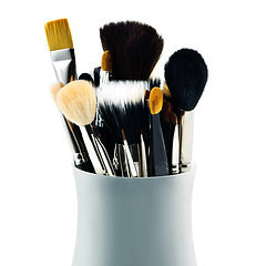 Image showing Cosmetics, makeup and beauty with brush, tool and aesthetic for skincare on white background. Studio, choice and quality for blending, soft and product for transformation, creative and application