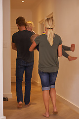 Image showing Night, carry or father with children or mom in house or family home walking to bedroom with love or support. Dad, mother or back of parents with kids to prepare or get ready for sleep or bedtime