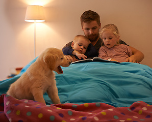 Image showing Dog, kids or father reading book in bed for learning, education or storytelling at home at night. Family, relax or dad with children siblings for a fun fantasy with a pet puppy or golden retriever