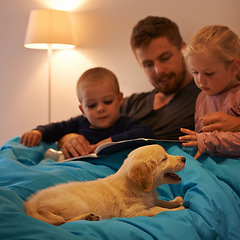 Image showing Night, books or father with kids in bed for reading, learning and bonding with dog at home Love, family and dad with children in bedroom for storytelling, fantasy or literature for teaching pet care