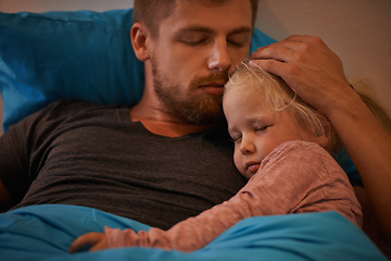 Image showing Girl child, bed or father sleeping for calm peace or dream to relax in a family home with support or love. Dad, hug and tired single parent on break in bedroom nap for resting at night in a house