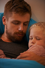 Image showing Girl child, bed or dad sleeping for calm peace or dream to relax in a family home with support or love. Father, hug and tired single parent on break in bedroom nap for resting at night in a house