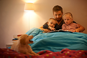 Image showing Night, children or father reading book in bed for learning, education or storytelling at home with dog. Family, relax or dad with siblings for a fun fantasy with a pet puppy, golden retriever or kids