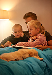 Image showing Books, night or father with kids in bed for reading, learning and bonding with dog at home Love, family and dad with children in bedroom for storytelling, fantasy or literature for teaching pet care