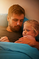 Image showing Child, hug or dad sleeping in bed for calm peace or dream to relax in a family home with support or love. Father, girl and tired single parent on break in bedroom nap for resting at night with a kid