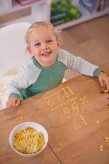 Image showing Girl, cereal and play for fun in home, child and morning nutrition with table. Smart, math education with happy vitamins, fibre for toddler and healthy development for growing kid and food in bowl