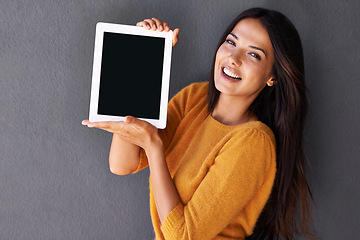 Image showing Woman, smile and tablet for marketing, advertising and social media for present, show or advice of information on screen. Young person and happy with presentation on tech for online and internet