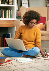 Image showing Laptop, books and African woman in library, floor and writing notes for education. Study, learning and female student with natural afro hair, assignment or technology for knowledge and reading