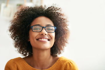 Image showing Portrait, smile and relax woman in home lounge, happy and eyewear for proud lady. Head, confidence and eye wear with mock up space for female person from London, positive in living room or apartment