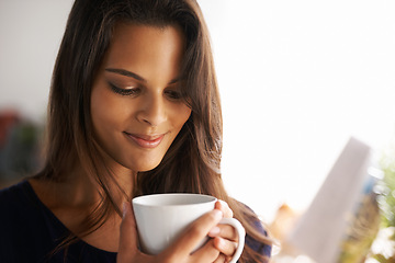 Image showing Face, woman and home with coffee in smile for break with leisure in happiness, satisfied and self care. Closeup, female person and house with cup in morning to relax for positive mind and enjoy