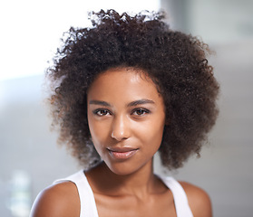 Image showing Face, black woman and skincare with treatment for confidence on routine for natural look and satisfied. Portrait, female person and glow with self care for wellness, soft and smooth with cosmetics