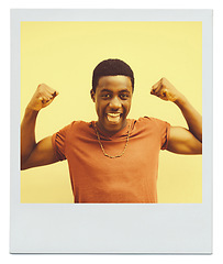 Image showing Black man, excited and happy with flex for muscle strength, energy and training success on yellow background. African person, smile and with celebration for health, biceps and pride with progress