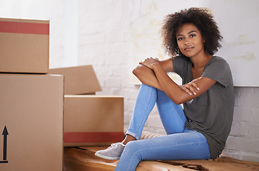 Image showing Moving, woman and portrait with new home, box and package for real estate property and courier parcel. Cardboard, delivery and African female person with packing in a house with a relax homeowner