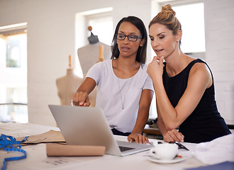 Image showing Teamwork, fashion designer and business women on laptop for website, online shopping or inventory. Collaboration, creative startup and workers on computer for research, planning and order in boutique