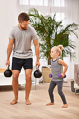 Image showing Man, girl kid and weightlifting for fitness, father and daughter spending time together for love in living room. Dumbbells, kettlebell and muscle training with exercise and bonding at family home