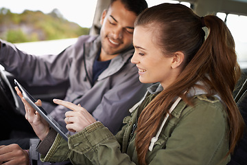 Image showing Road trip, couple or tablet for navigation in car, adventure or connectivity for travel exploration in nature. People, technology or bonding together on holiday, journey or care on honeymoon in oman