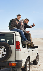 Image showing Road trip, people and thumbs up on jeep, portrait and route for sightseeing and driving adventure in nature. Friends, traveller and happy face on holiday by blue sky, journey and leisure on vehicle