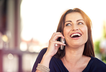 Image showing Funny, woman and outdoor phone call in city networking with a client for business as real estate agent. Happy, realtor and talking on smartphone in London for consultation in development of property