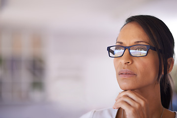Image showing Thinking, office and businesswoman with glasses, work ideas and concentration on design career. Entrepreneur, creative and vision for new opportunity or startup, think or decision for female person