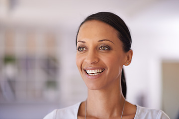 Image showing Businesswoman, smile and thinking in creative office for entrepreneur of small business for production, fashion design or vision. Female person, company and art agency for startup, thoughts or idea