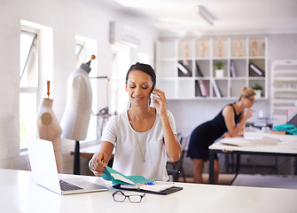 Image showing Woman, fashion design and phone call for clothes workshop or small business production, entrepreneurship or manufacturing. Female person, fabric and online network for craft, tailor or seamstress