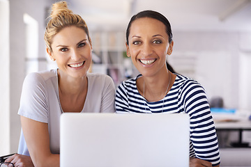 Image showing business women, portrait and teamwork on laptop for creative planning, collaboration and project in startup office. Happy, professional people, writer or creative editor on computer for copywriting