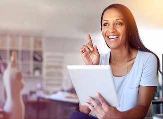 Image showing Thinking, fashion and woman with tablet in office for stock, cargo or e commerce checklist. Idea, solution or designer with app for procurement search, shipping or online shopping, delivery or order