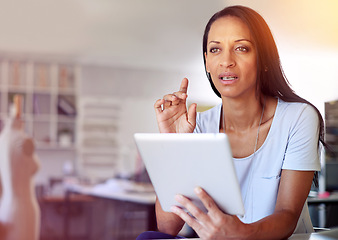 Image showing Fashion, thinking and woman with tablet in office for stock, cargo or e commerce checklist. Idea, solution or designer with app for procurement search, shipping or online shopping, delivery or order