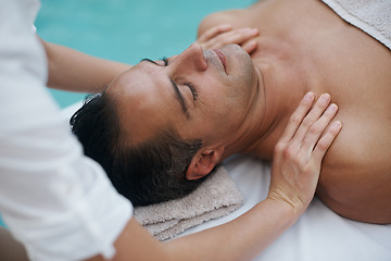 Image showing Spa, man and hands with massage for skincare at resort, luxury hotel and vacation for relax and therapeutic pamper. People, masseuse and body care with shoulder treatment, hospitality and zen outdoor