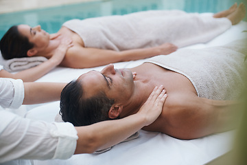 Image showing Spa, man and hands with massage for wellness at resort, luxury hotel and vacation for relax and therapeutic pamper. People, masseuse and body care with shoulder treatment, hospitality and zen outdoor